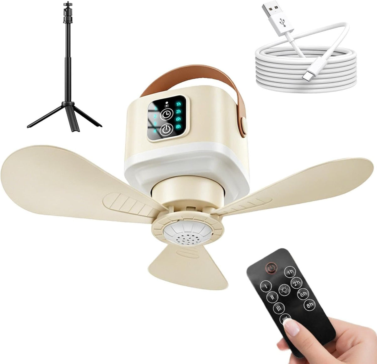 Supplier product image of the rechargeable hanging fan with its blades extended; pictured accessories follow supplier availability
