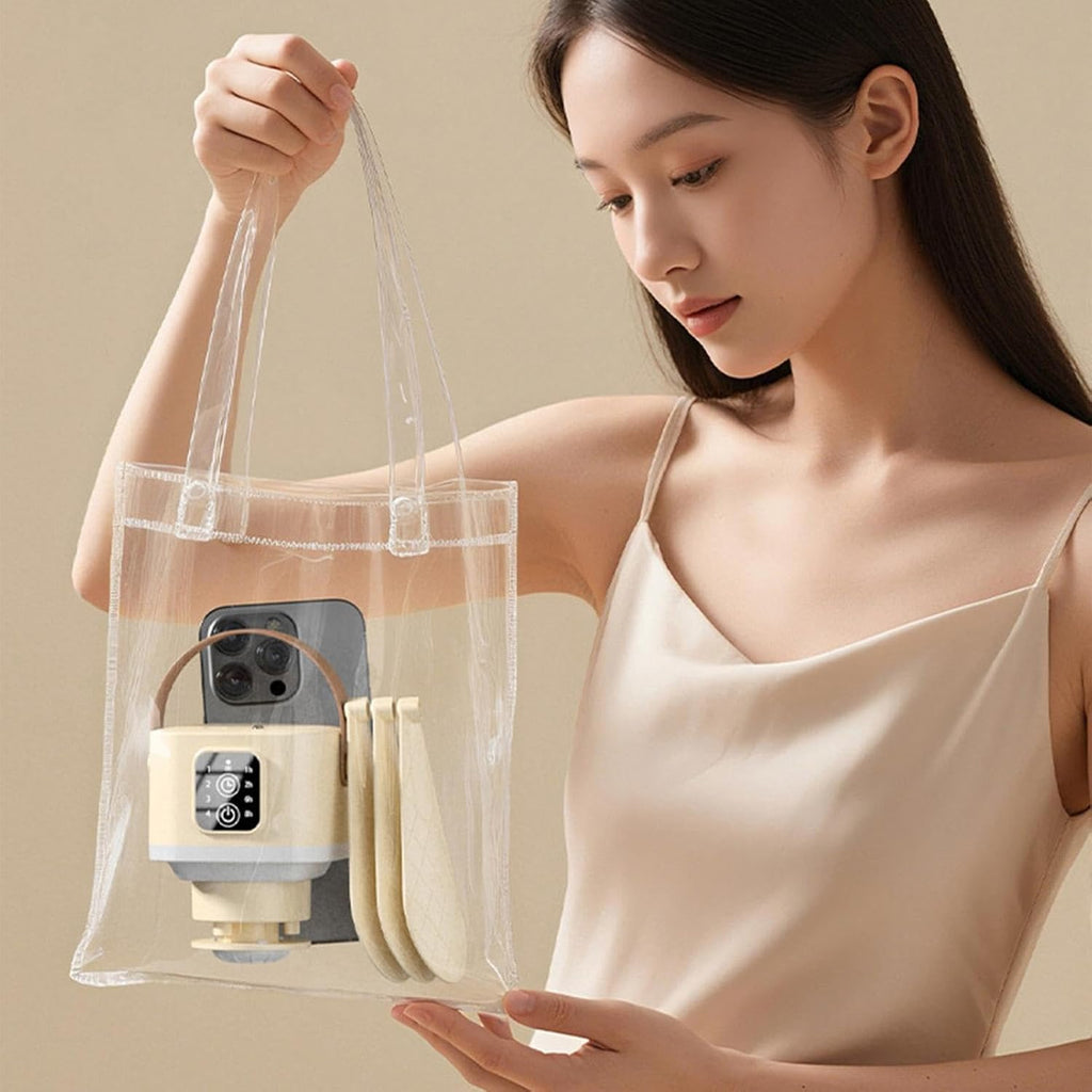 Supplier image of the hanging fan folded into a compact shape inside a clear carry bag