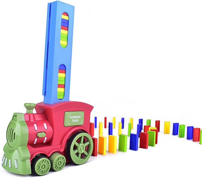 Automatic domino train with loading cartridge and colourful domino pieces